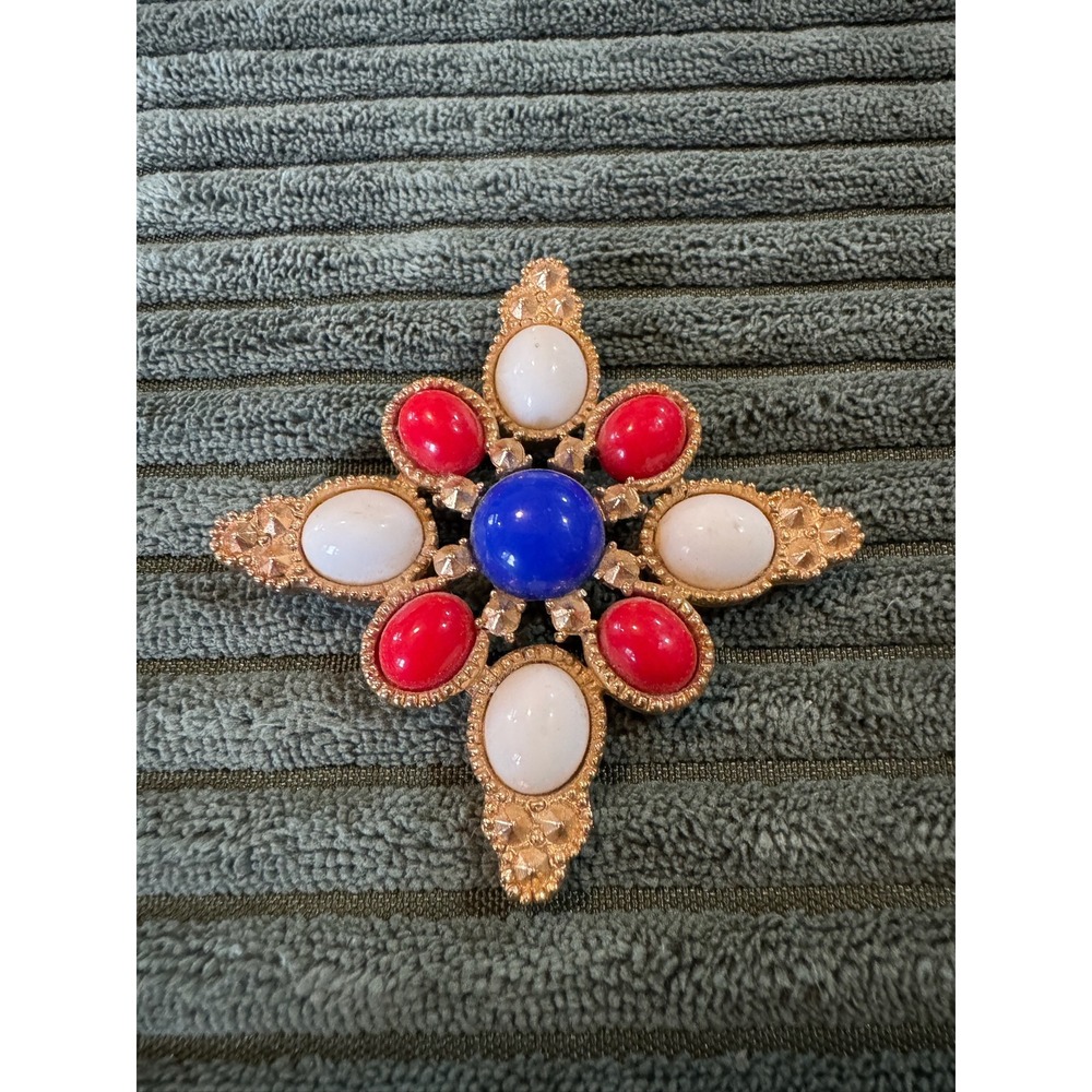 Sarah Coventry Brooch Gold Tone Red White Blue Cabochon Vintage Costume Jewelry‎